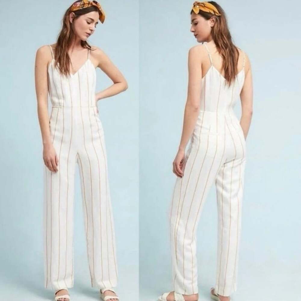 The Essential Jumpsuit by Anthropologie White Orange Striped Linen Blend Size 0